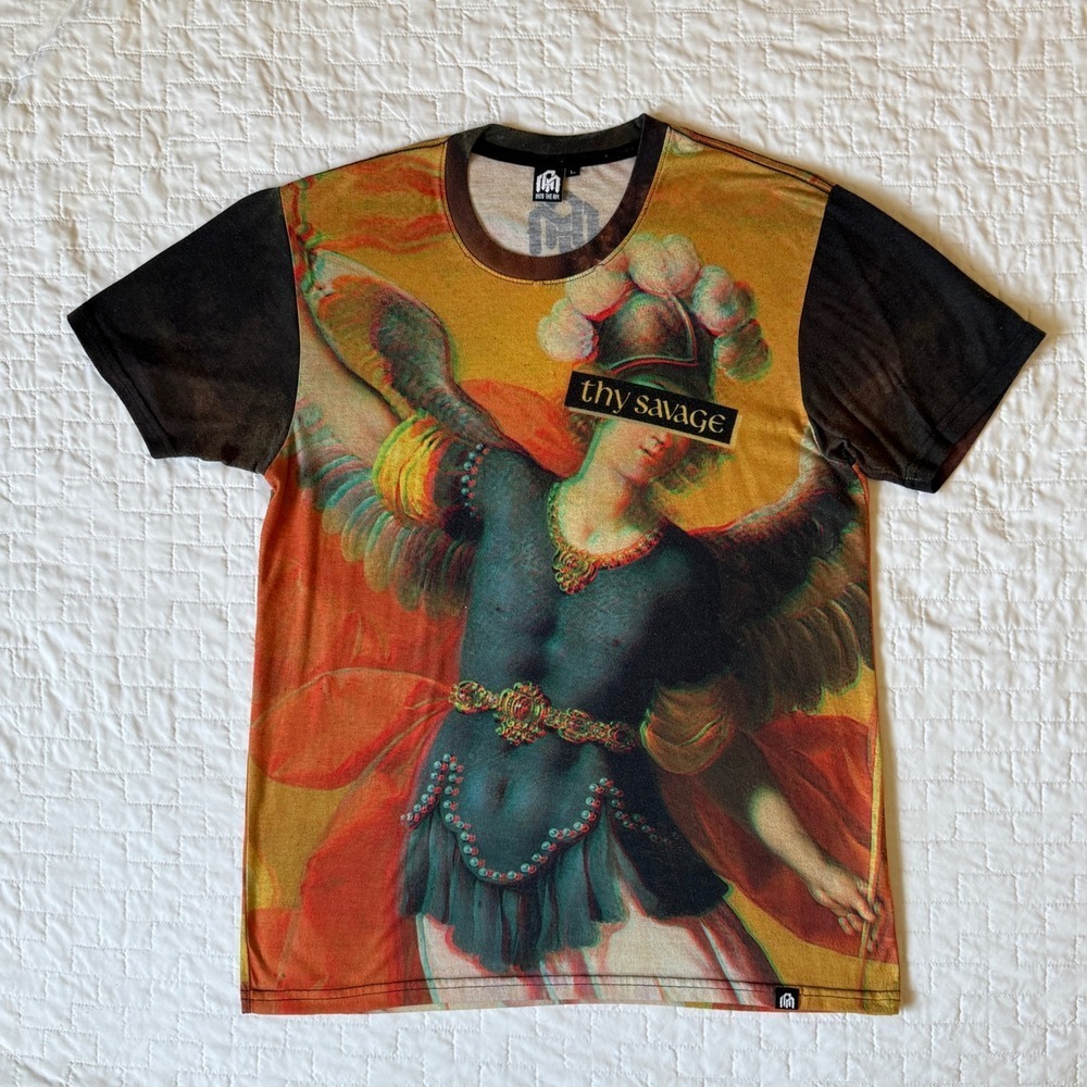 Into The AM Angel‎ Art Graphic Print T-Shirt Black Sleeve Sz L